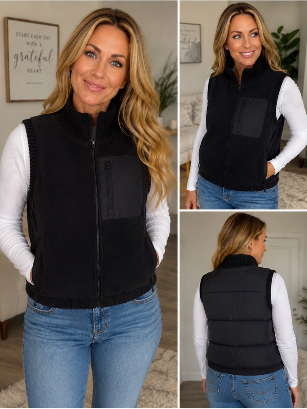Sweet Betty Black Cropped Puffer Fleece Vest Zip Front High Neck MSRP $150